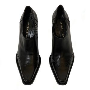 Y2K Antonio Melani Black 3” Grady-Block Heeled Cowboy Booties, Tooled Detail